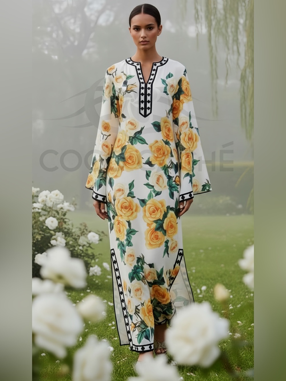 Luxury Yellow Rose Print Cotton Blend Long Bell Sleeves Kaftan Maxi Dress